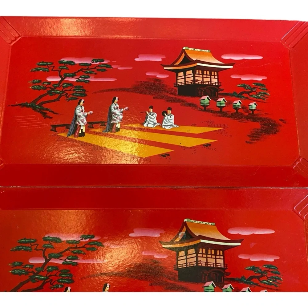 Vintage Hasko Deluxe Lap Trays Red Asian Pagoda Scene MCM Set of 4